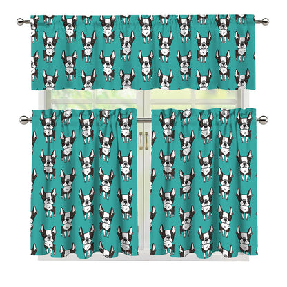 Cartoon Boston Terrier Pattern Print 3 Piece Kitchen Curtains