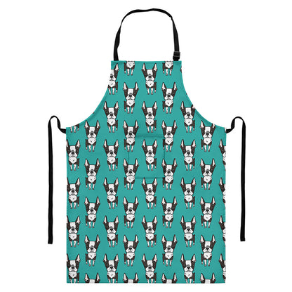 Cartoon Boston Terrier Pattern Print Bib Apron With Pocket
