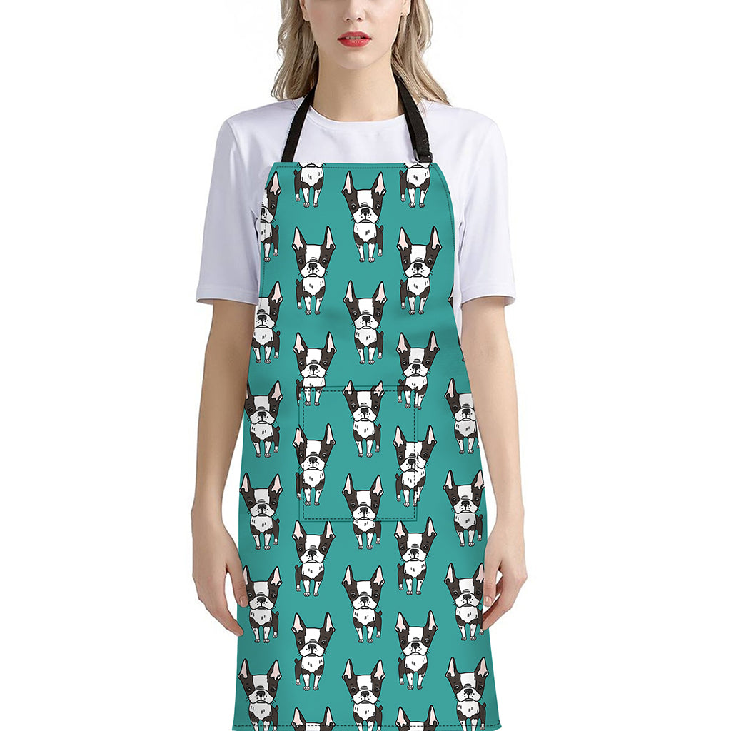 Cartoon Boston Terrier Pattern Print Bib Apron With Pocket
