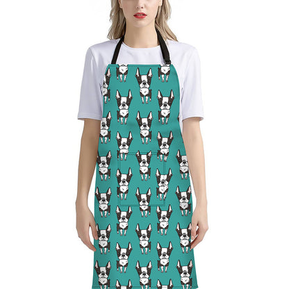 Cartoon Boston Terrier Pattern Print Bib Apron With Pocket
