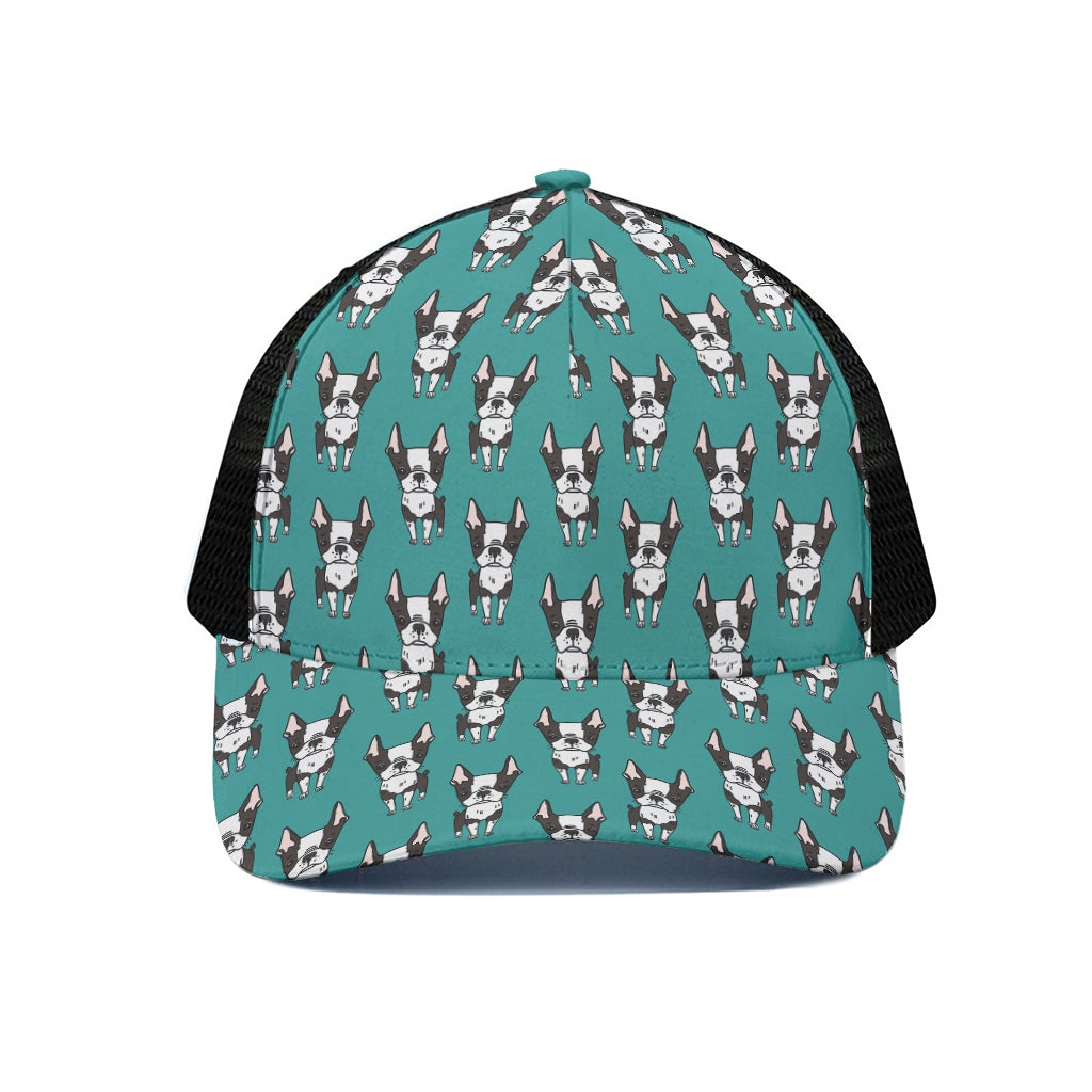 Cartoon Boston Terrier Pattern Print Black Mesh Trucker Cap