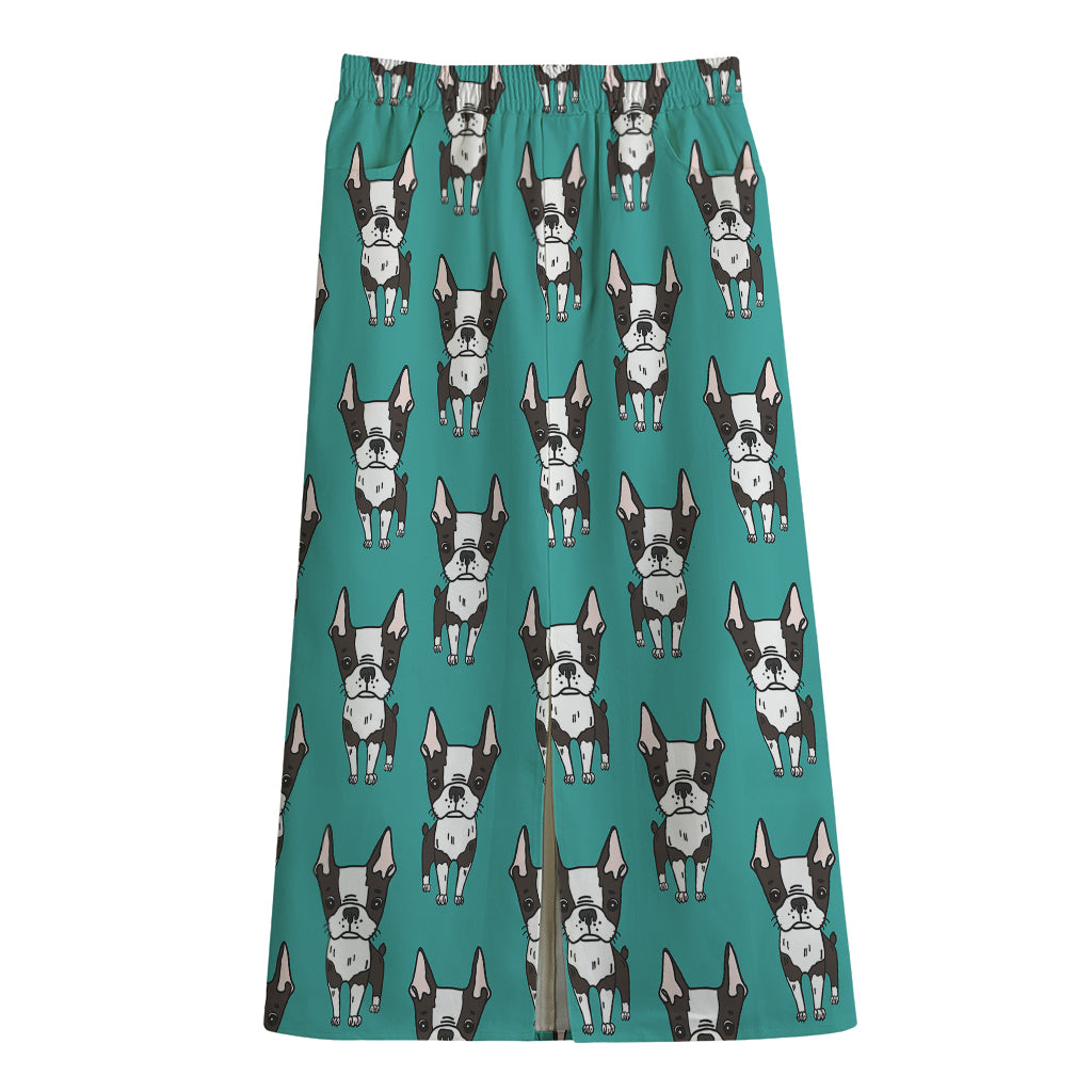 Cartoon Boston Terrier Pattern Print Cotton Front Slit Maxi Skirt