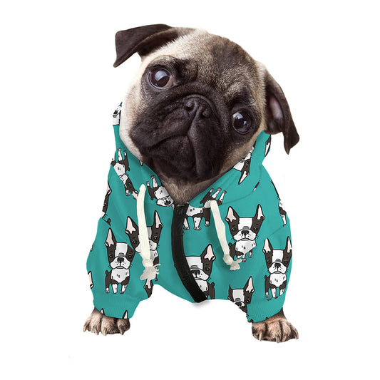 Cartoon Boston Terrier Pattern Print Dog Zip Up Hoodie