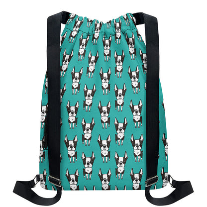 Cartoon Boston Terrier Pattern Print Drawstring Backpack
