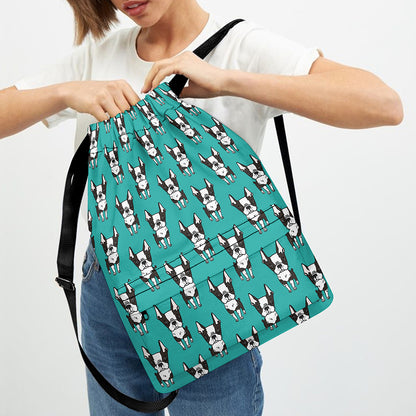 Cartoon Boston Terrier Pattern Print Drawstring Backpack