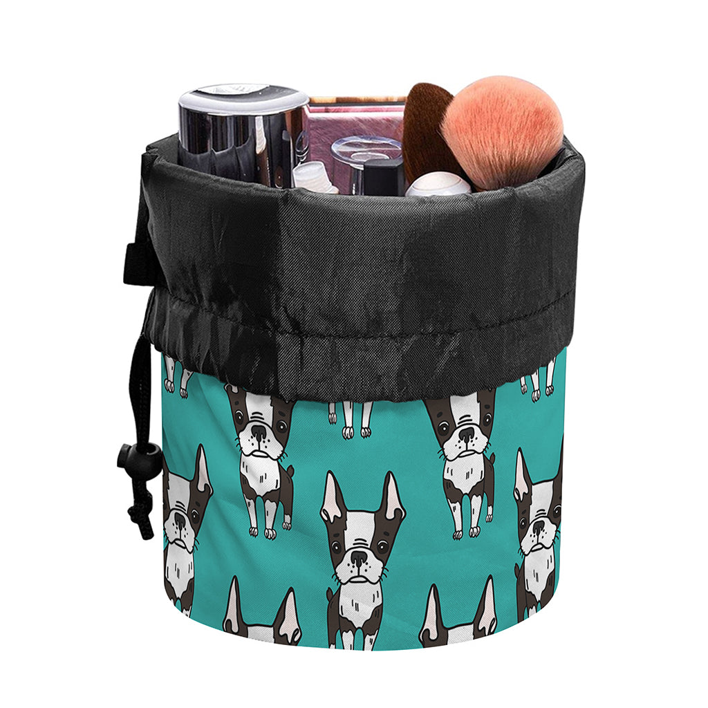 Cartoon Boston Terrier Pattern Print Drawstring Makeup Bag