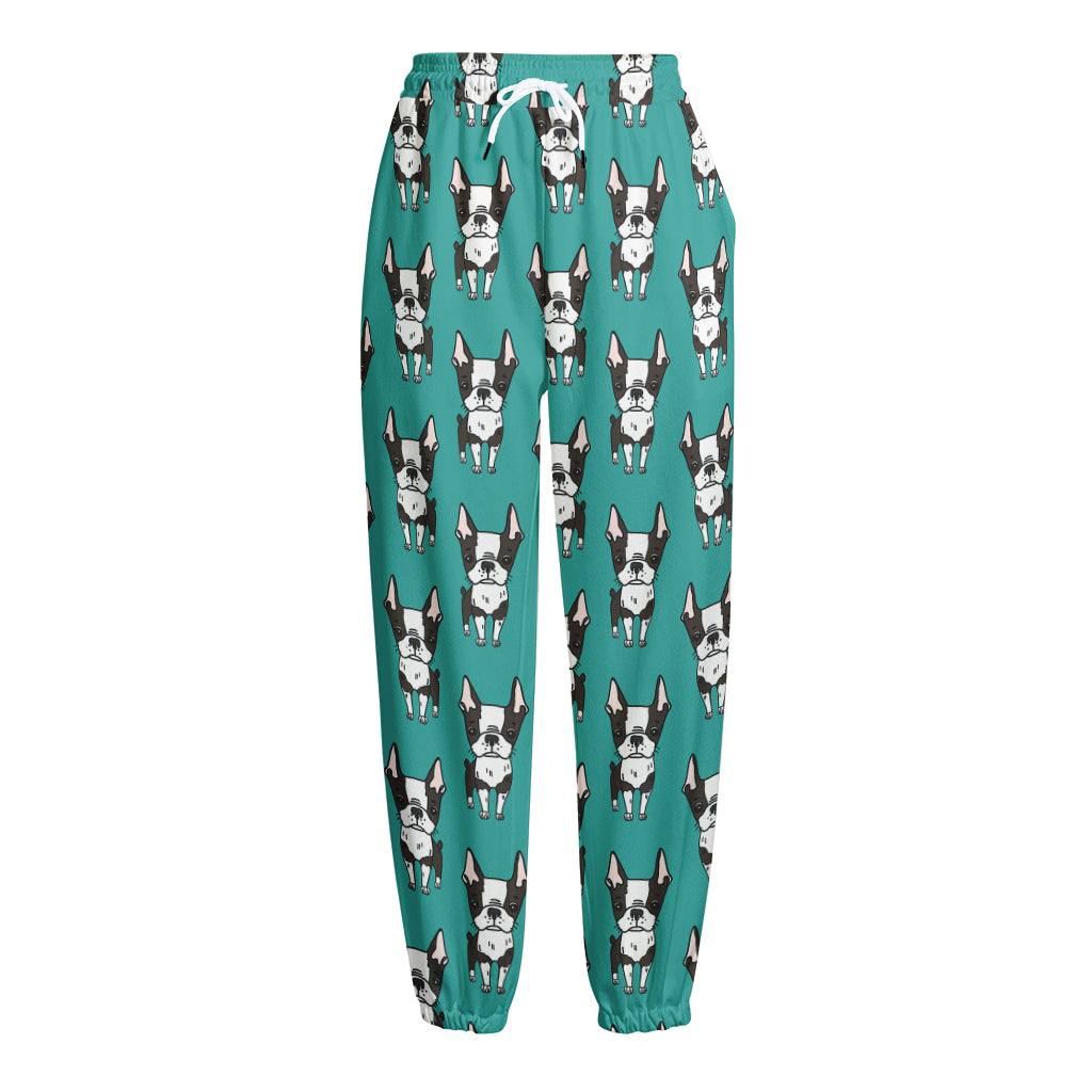 Cartoon Boston Terrier Pattern Print Fleece Lined Knit Pants