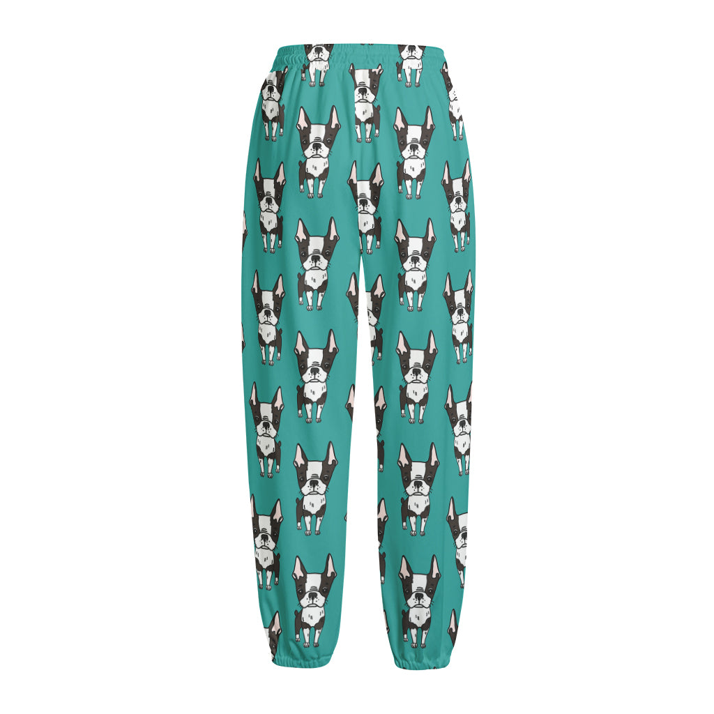 Cartoon Boston Terrier Pattern Print Fleece Lined Knit Pants