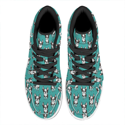 Cartoon Boston Terrier Pattern Print High Top Leather Sneakers
