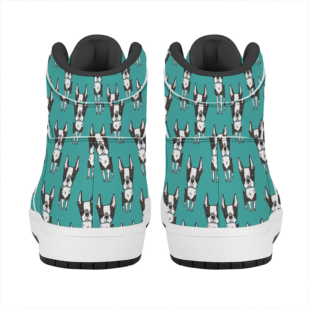 Cartoon Boston Terrier Pattern Print High Top Leather Sneakers