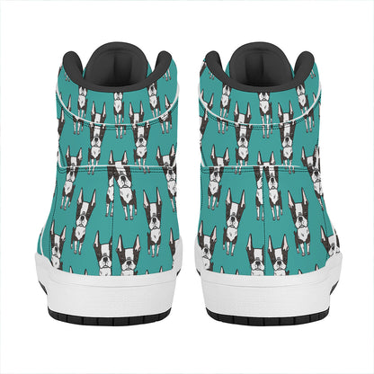 Cartoon Boston Terrier Pattern Print High Top Leather Sneakers