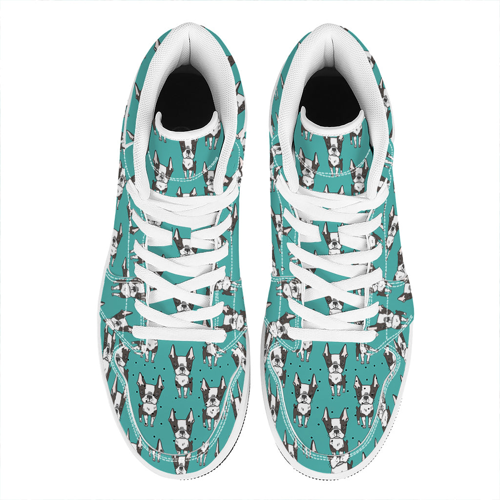 Cartoon Boston Terrier Pattern Print High Top Leather Sneakers