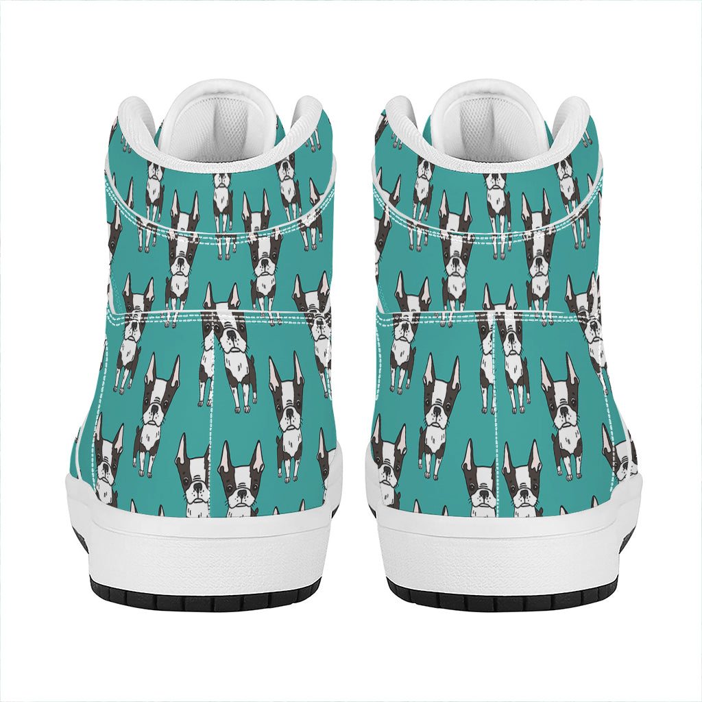 Cartoon Boston Terrier Pattern Print High Top Leather Sneakers