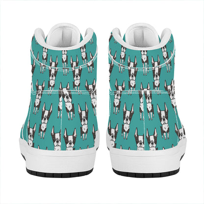 Cartoon Boston Terrier Pattern Print High Top Leather Sneakers