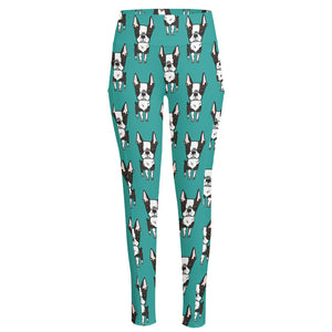 Cartoon Boston Terrier Pattern Print High-Waisted Pocket Leggings