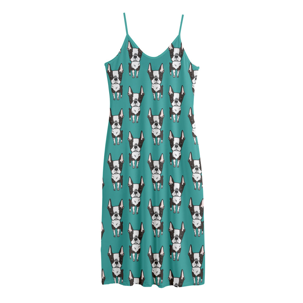 Cartoon Boston Terrier Pattern Print Jersey Midi Cami Dress