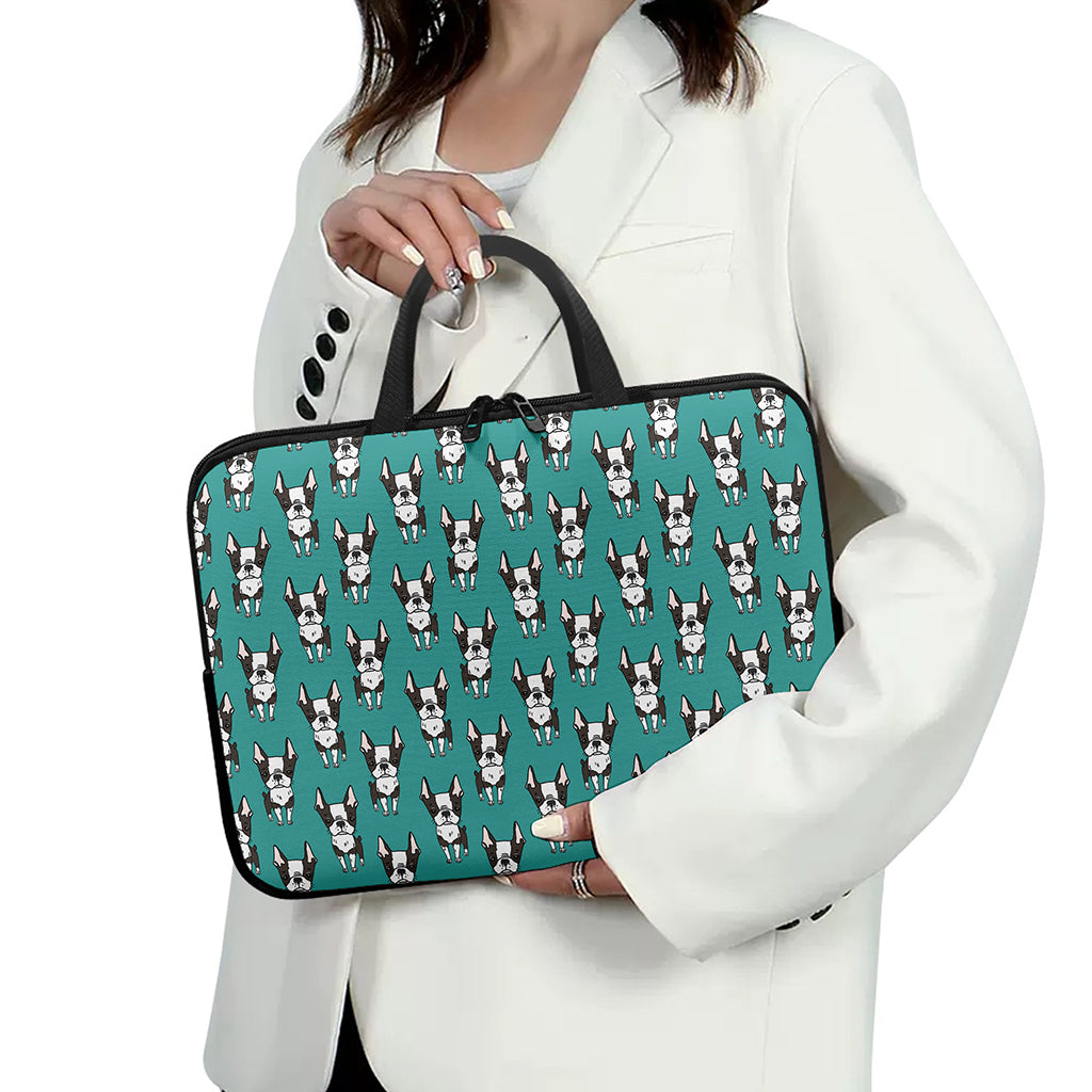 Cartoon Boston Terrier Pattern Print Laptop Sleeve With Handle