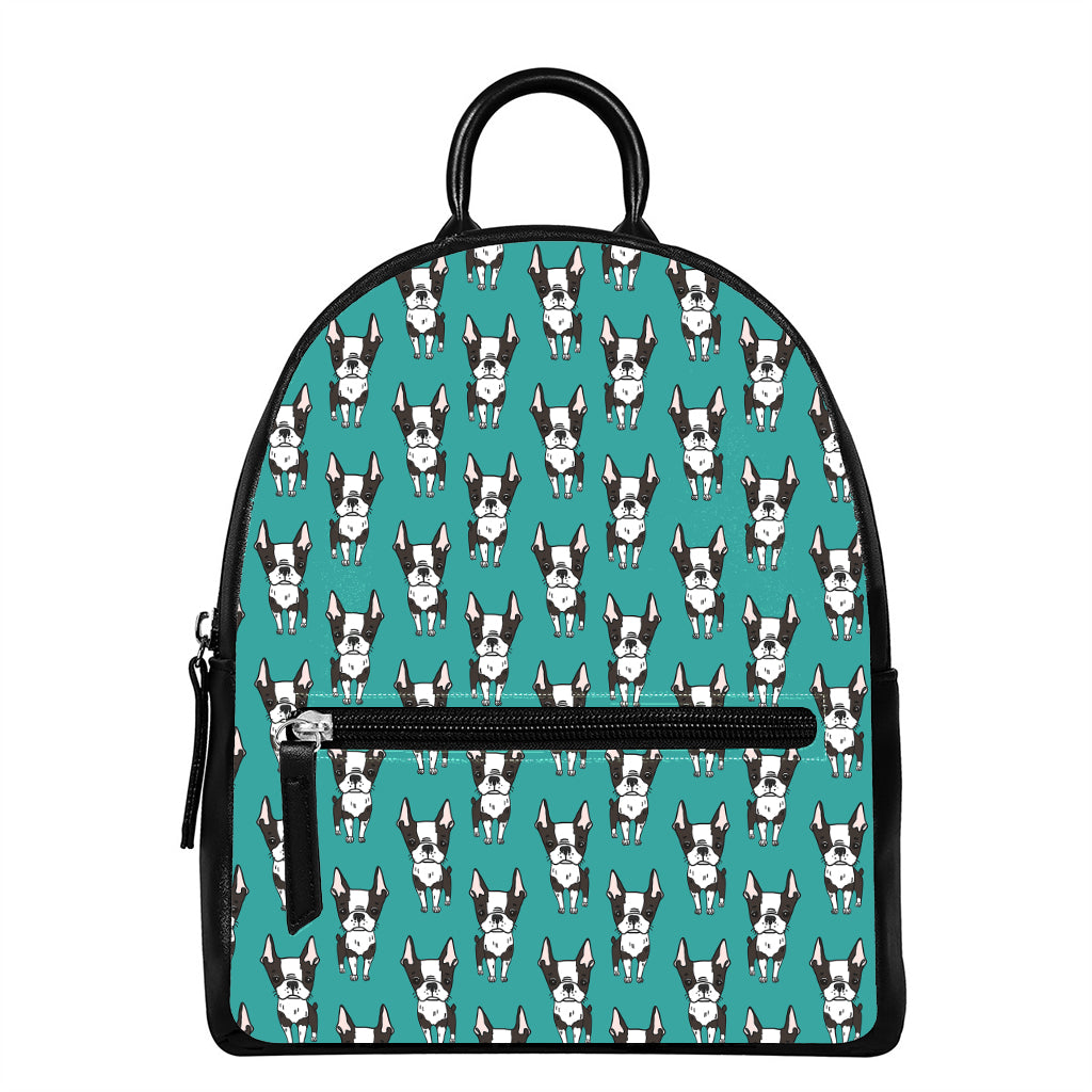 Cartoon Boston Terrier Pattern Print Leather Backpack