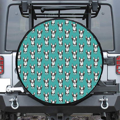 Cartoon Boston Terrier Pattern Print Leather Spare Tire Cover