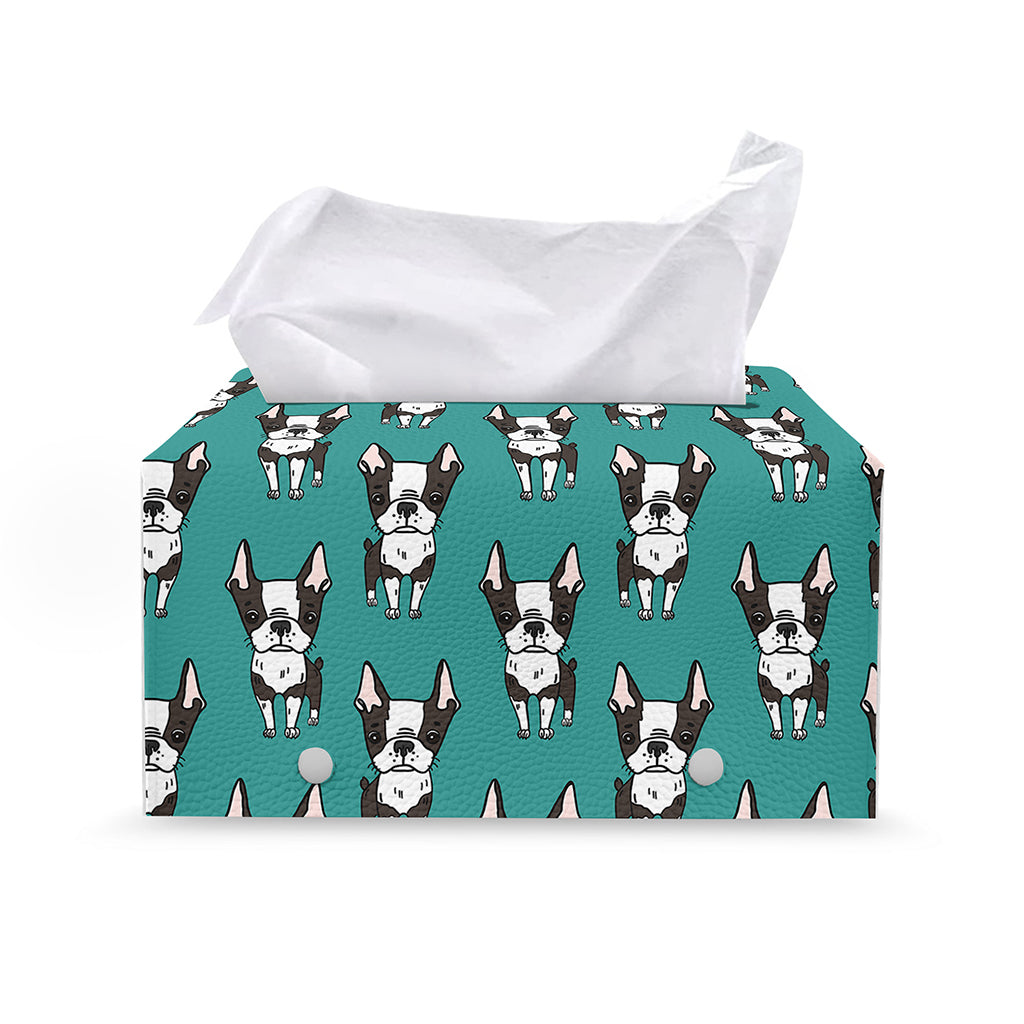 Cartoon Boston Terrier Pattern Print Leather Tissue Box Cover