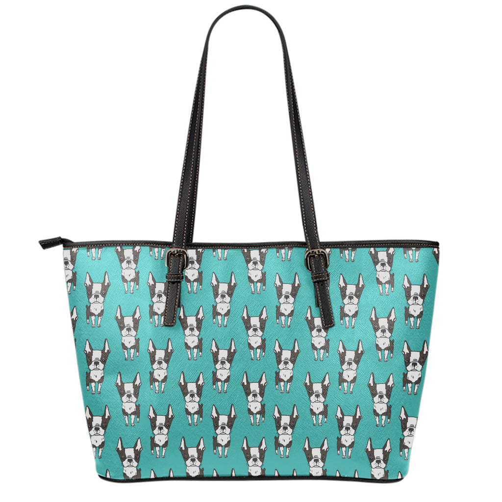 Cartoon Boston Terrier Pattern Print Leather Tote Bag