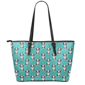 Cartoon Boston Terrier Pattern Print Leather Tote Bag