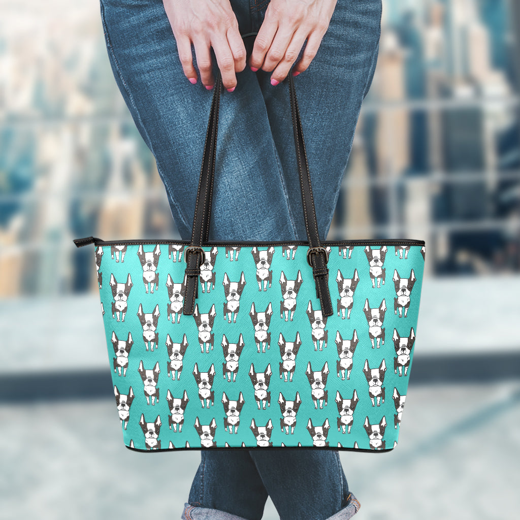 Cartoon Boston Terrier Pattern Print Leather Tote Bag