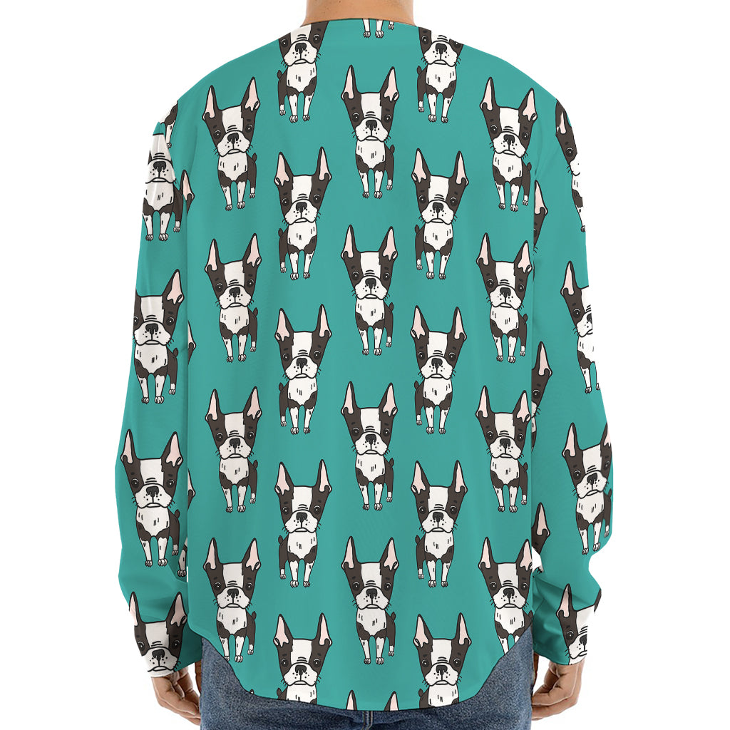 Cartoon Boston Terrier Pattern Print Long Sleeve Baseball Jersey