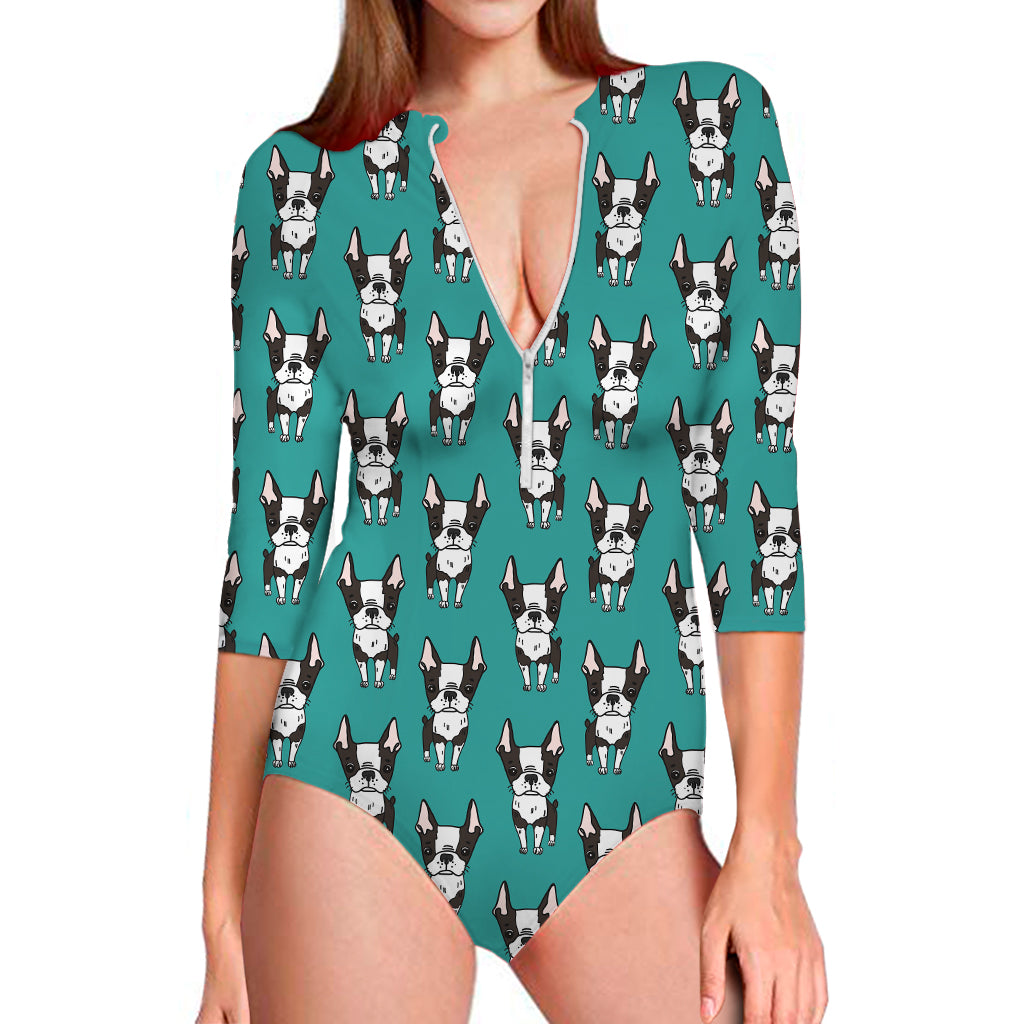 Cartoon Boston Terrier Pattern Print Long Sleeve Swimsuit