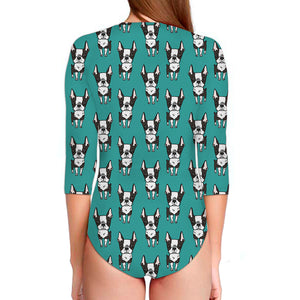 Cartoon Boston Terrier Pattern Print Long Sleeve Swimsuit