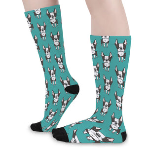 Cartoon Boston Terrier Pattern Print Long Socks