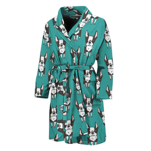 Cartoon Boston Terrier Pattern Print Men's Bathrobe