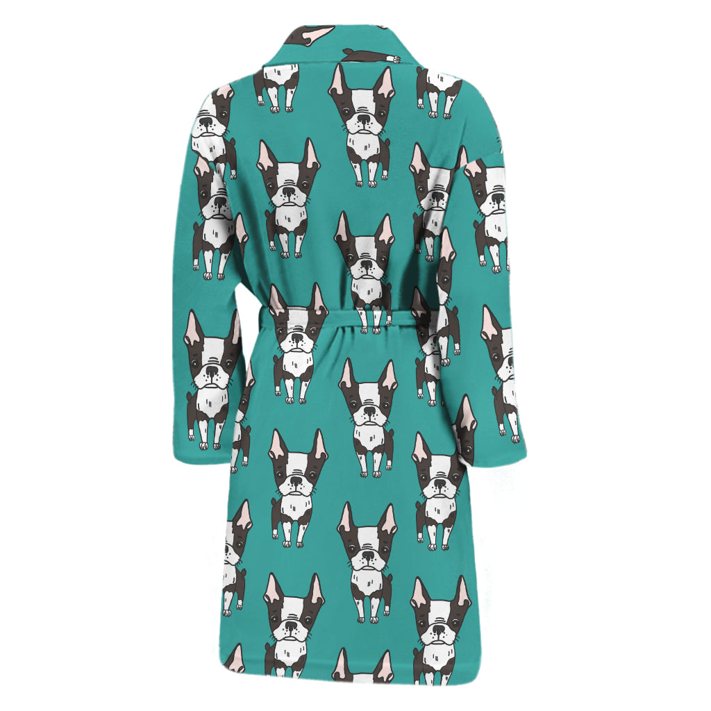 Cartoon Boston Terrier Pattern Print Men's Bathrobe