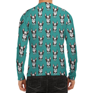 Cartoon Boston Terrier Pattern Print Men's Long Sleeve Rash Guard