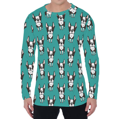 Cartoon Boston Terrier Pattern Print Men's Long Sleeve T-Shirt