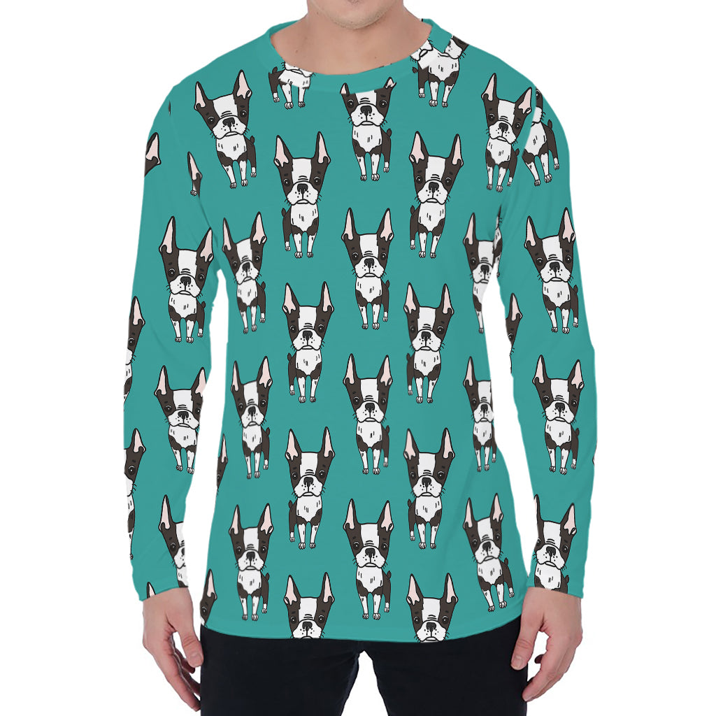 Cartoon Boston Terrier Pattern Print Men's Long Sleeve T-Shirt