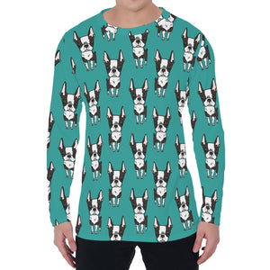 Cartoon Boston Terrier Pattern Print Men's Long Sleeve T-Shirt