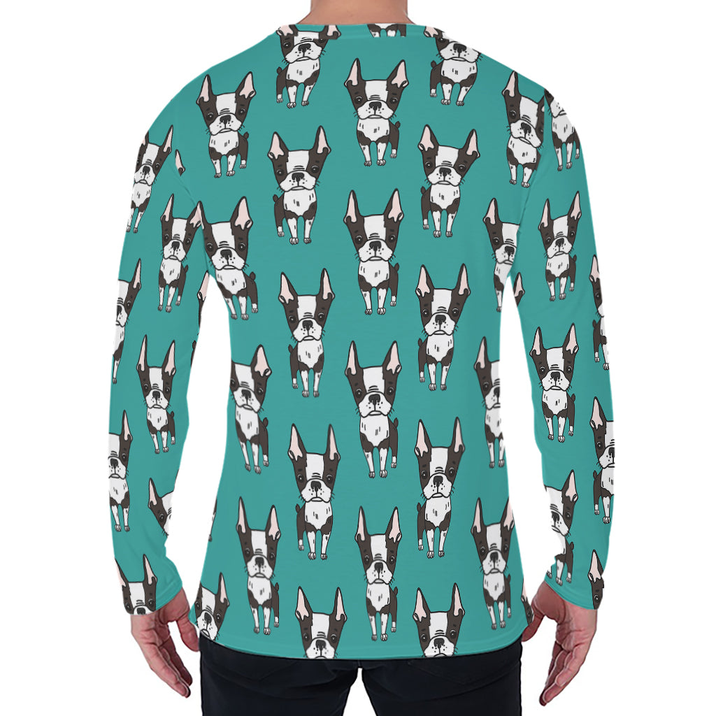 Cartoon Boston Terrier Pattern Print Men's Long Sleeve T-Shirt