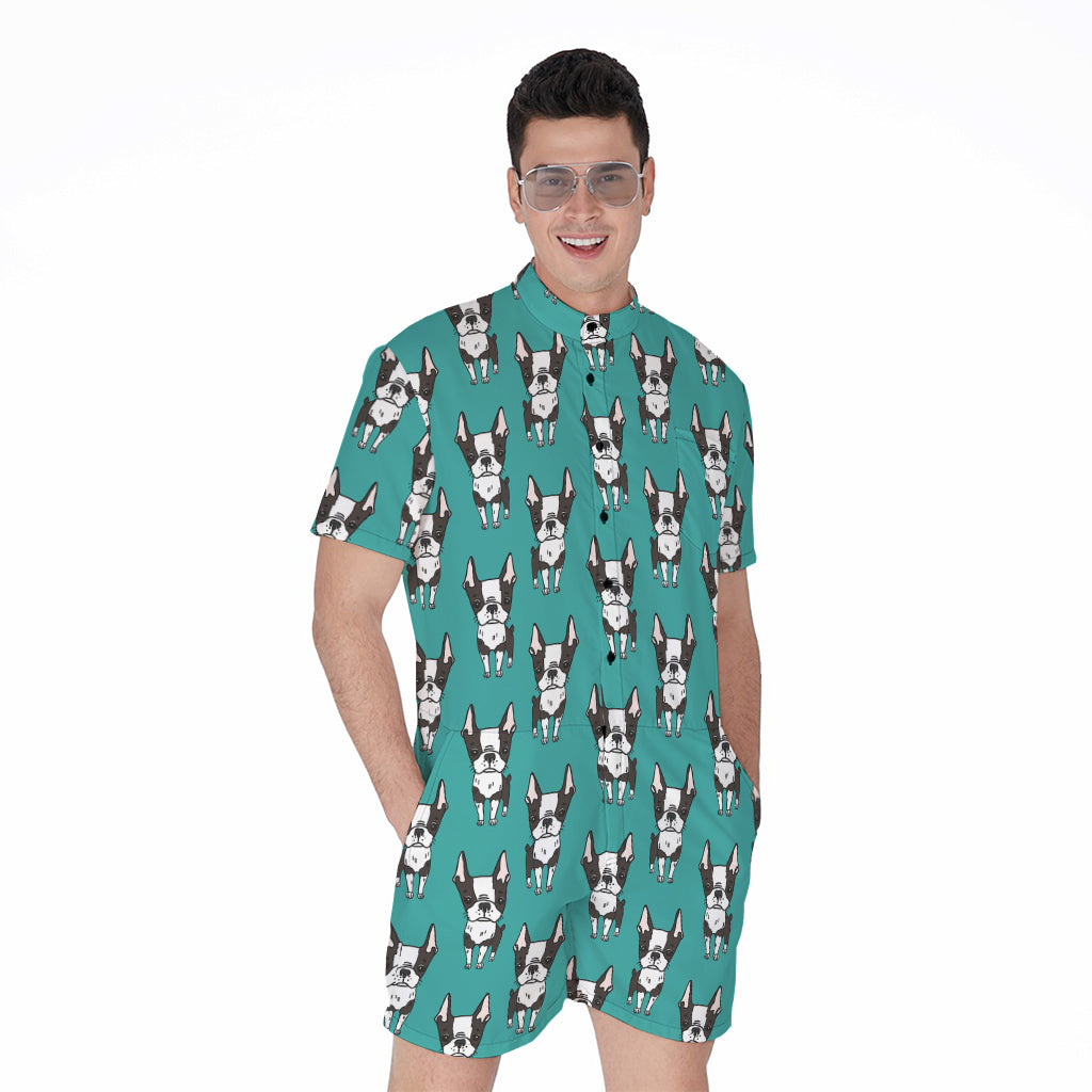 Cartoon Boston Terrier Pattern Print Men's Rompers