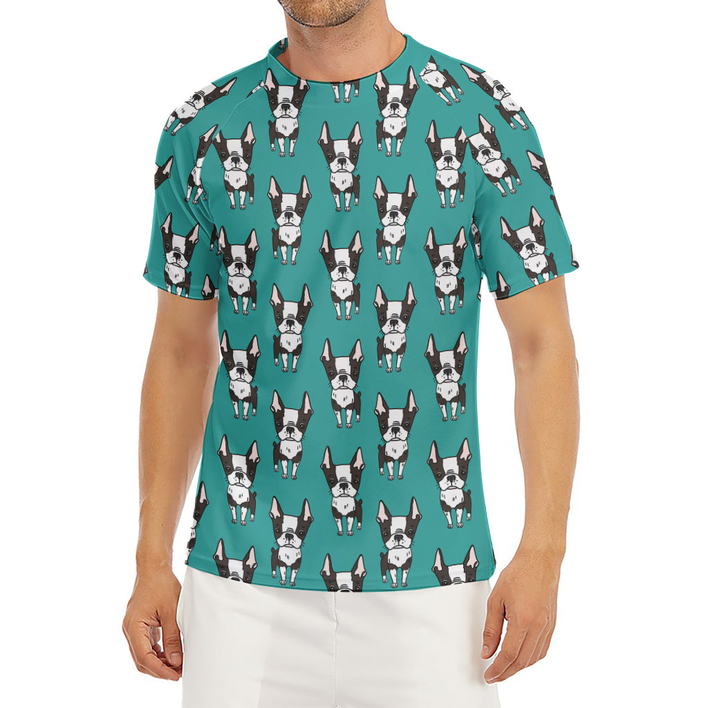 Cartoon Boston Terrier Pattern Print Men's Short Sleeve Rash Guard