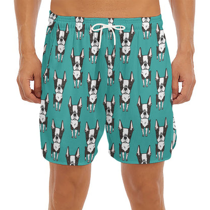 Cartoon Boston Terrier Pattern Print Men's Split Running Shorts
