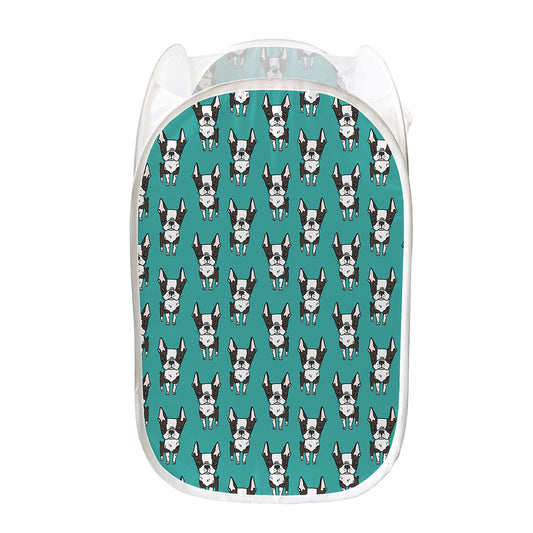 Cartoon Boston Terrier Pattern Print Mesh Laundry Hamper
