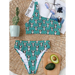 Cartoon Boston Terrier Pattern Print One Shoulder Bikini Top