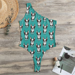 Cartoon Boston Terrier Pattern Print One Shoulder Bodysuit