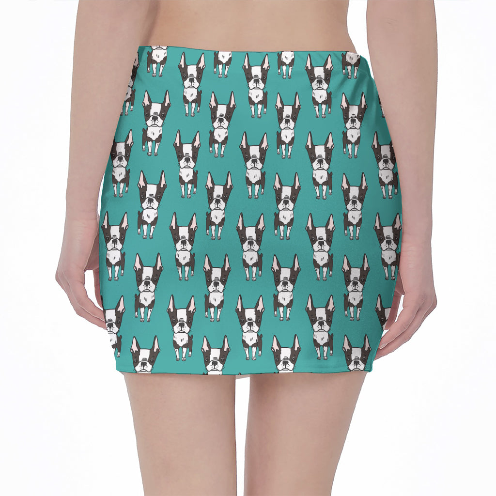 Cartoon Boston Terrier Pattern Print Pencil Mini Skirt