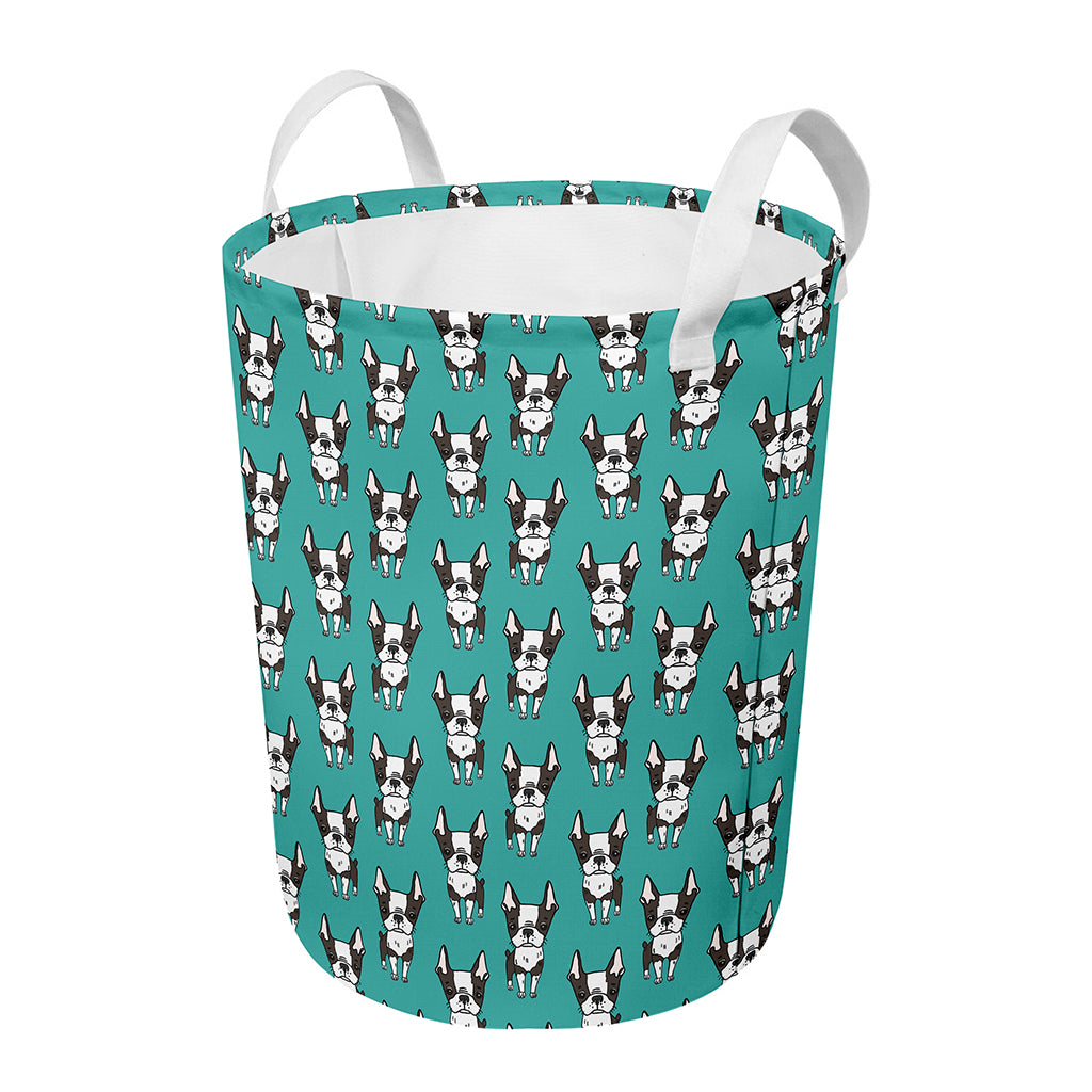 Cartoon Boston Terrier Pattern Print Round Laundry Basket