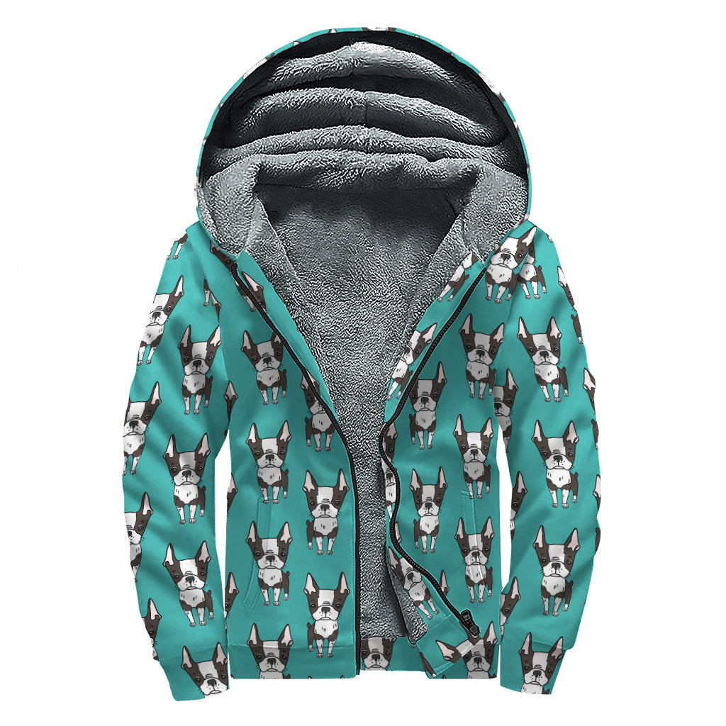 Cartoon Boston Terrier Pattern Print Sherpa Lined Zip Up Hoodie