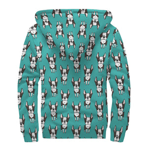 Cartoon Boston Terrier Pattern Print Sherpa Lined Zip Up Hoodie