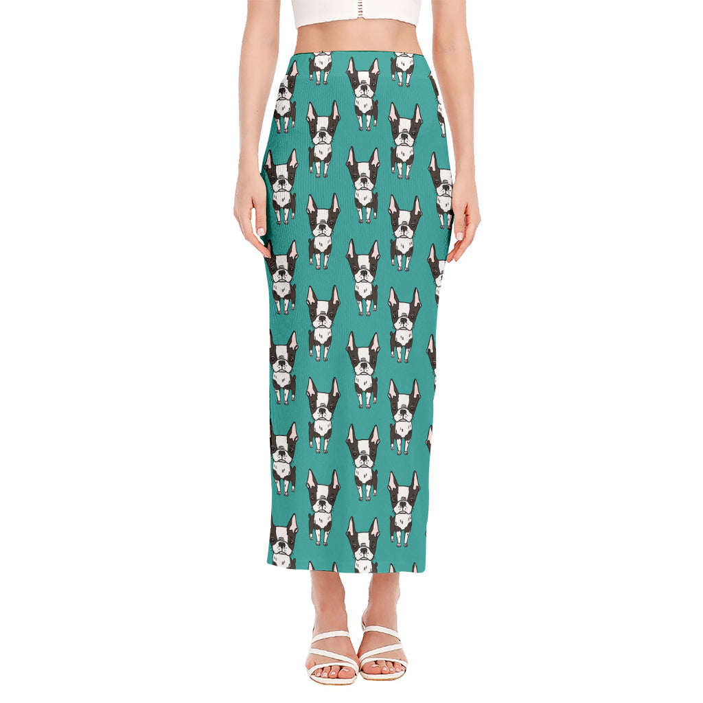 Cartoon Boston Terrier Pattern Print Side Slit Maxi Skirt