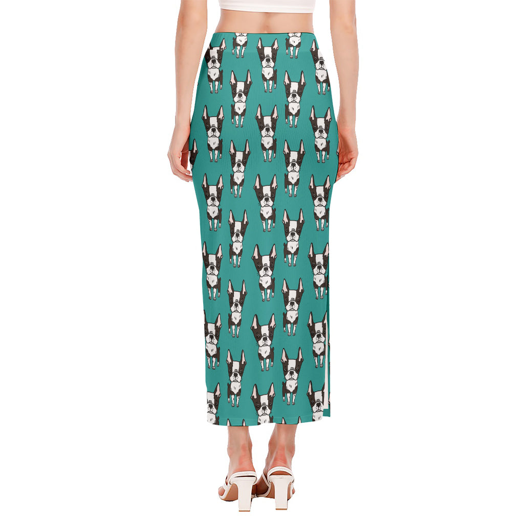 Cartoon Boston Terrier Pattern Print Side Slit Maxi Skirt